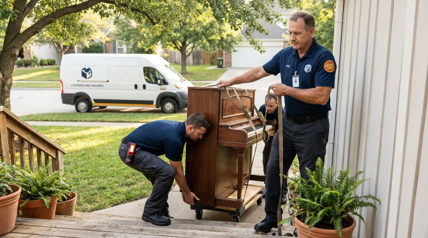 Licensed piano movers securing grand piano in Pawtucket, RI