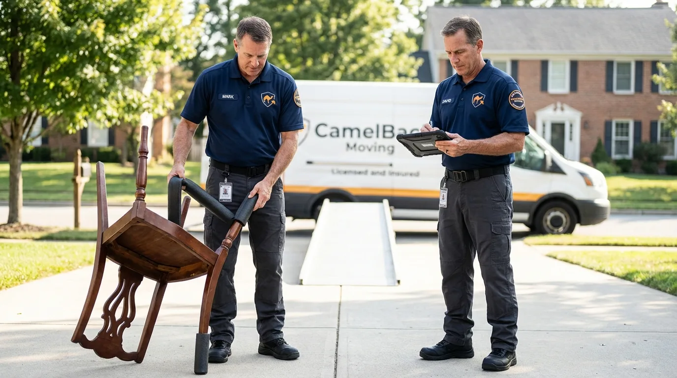Movers inspecting furniture for damage prevention before loading in Pawtucket, RI