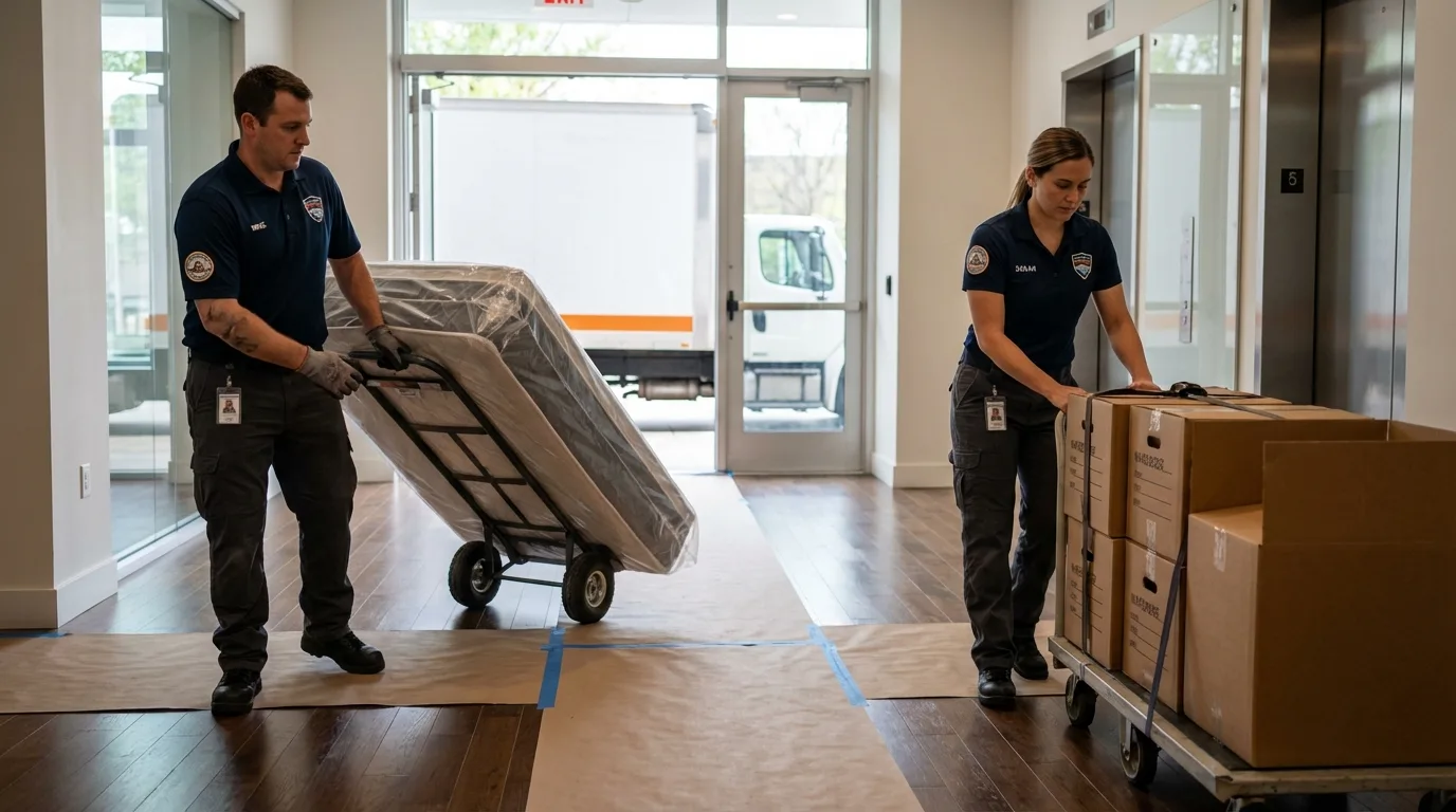 Professional apartment movers loading elevator in Pawtucket, RI