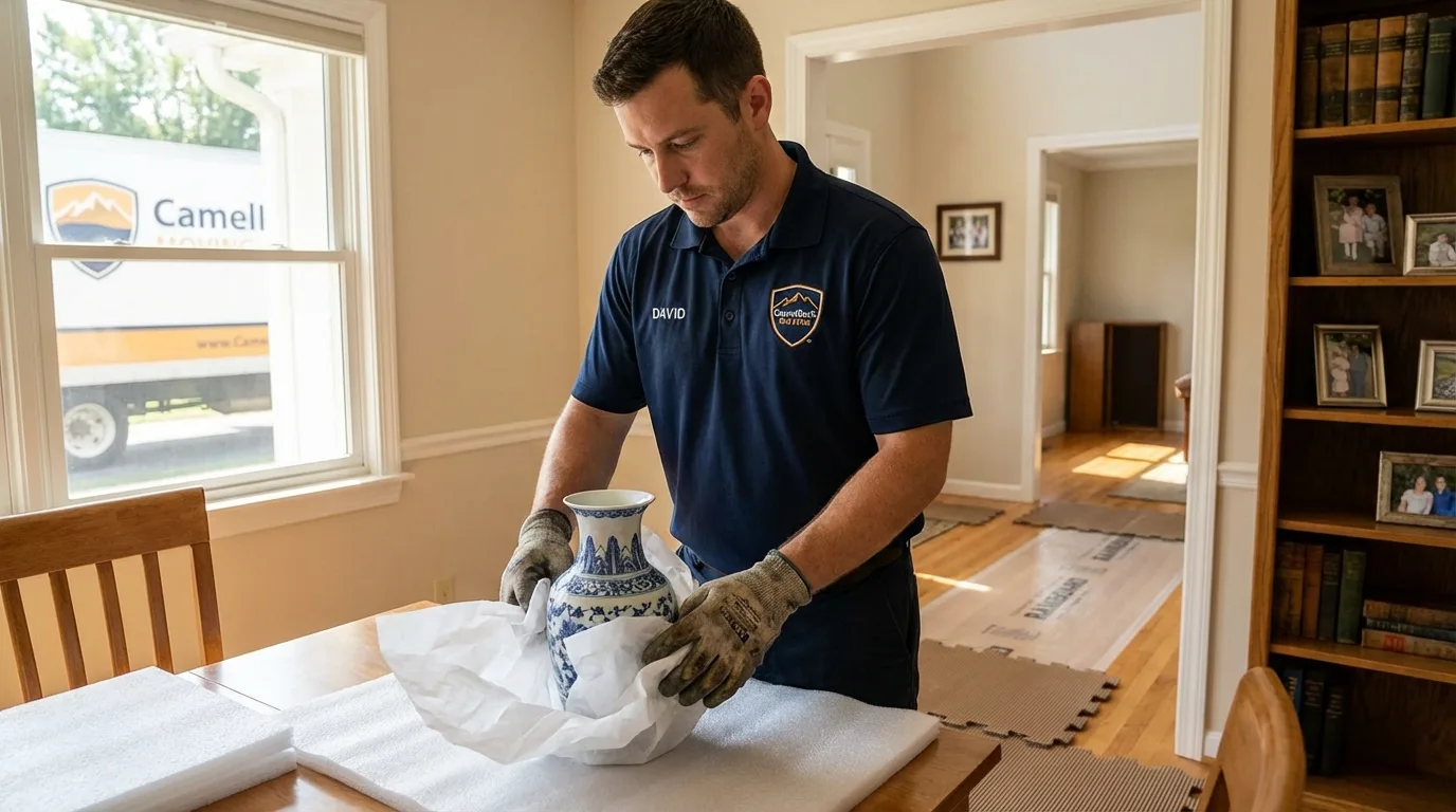 Professional crew carefully wrapping antique vase for senior downsizing move in Pawtucket, RI