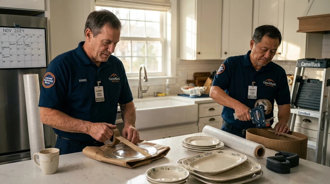 Professional crew packing kitchen dishware in Pawtucket, RI